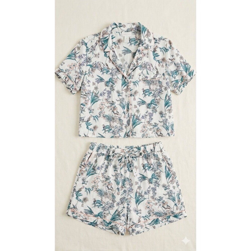 Japna Floral Short Pajama Set - White, Teal & Soft Pink